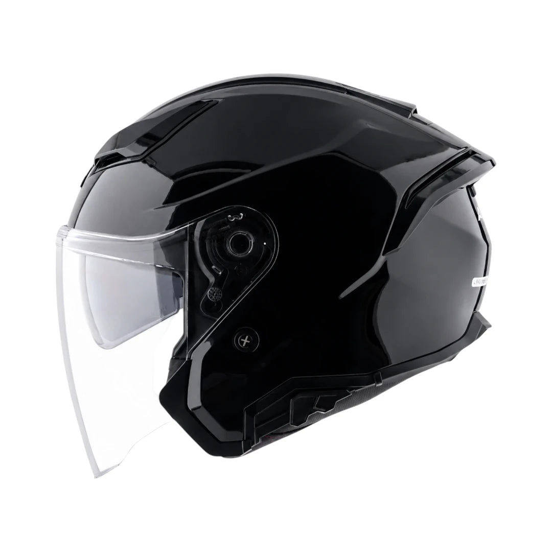Motodrift AXOR Kylo Solid open-face motorcycle helmet in glossy black with a clear scratch-resistant visor.