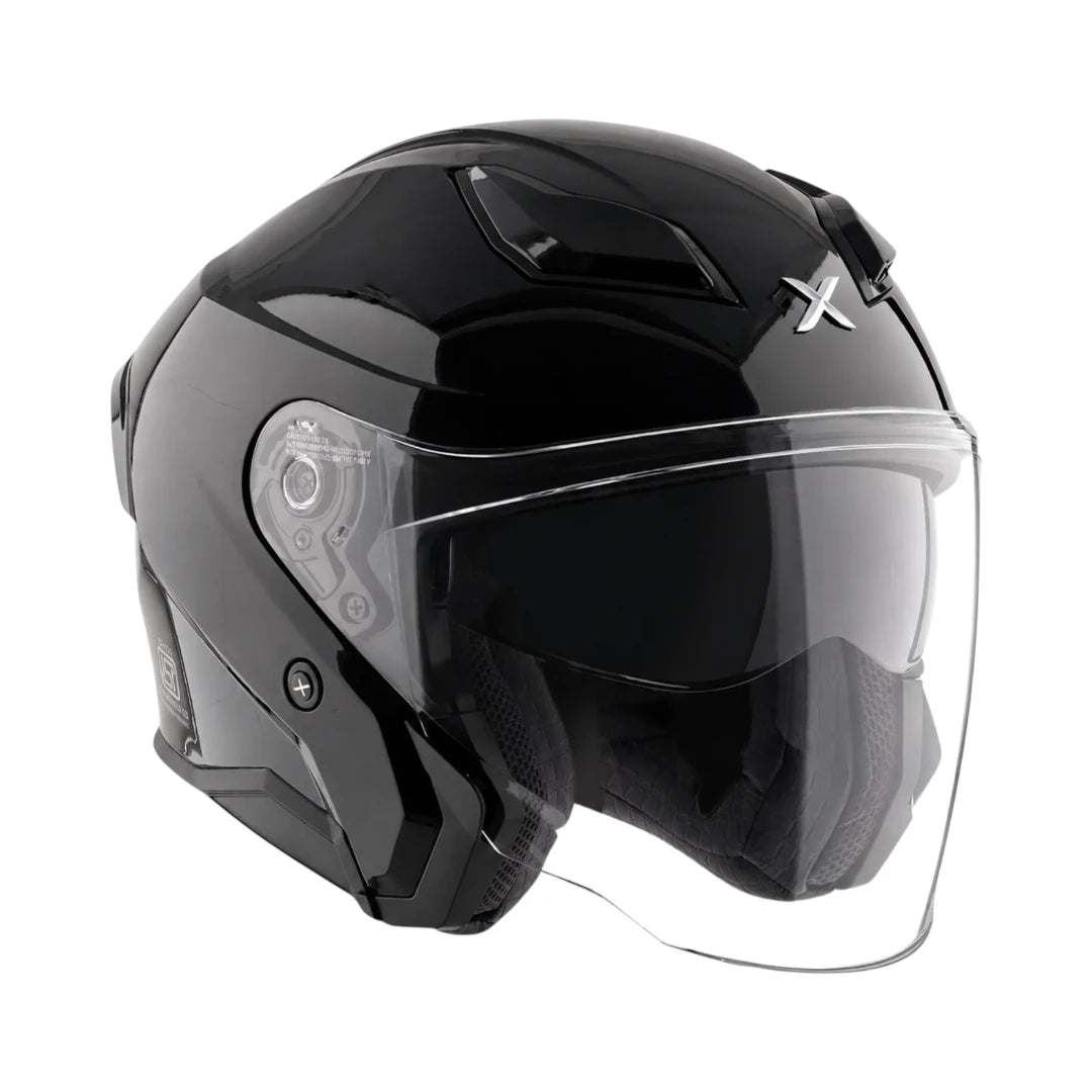 Motodrift AXOR Kylo Solid open-face motorcycle helmet in glossy black with a clear scratch-resistant visor