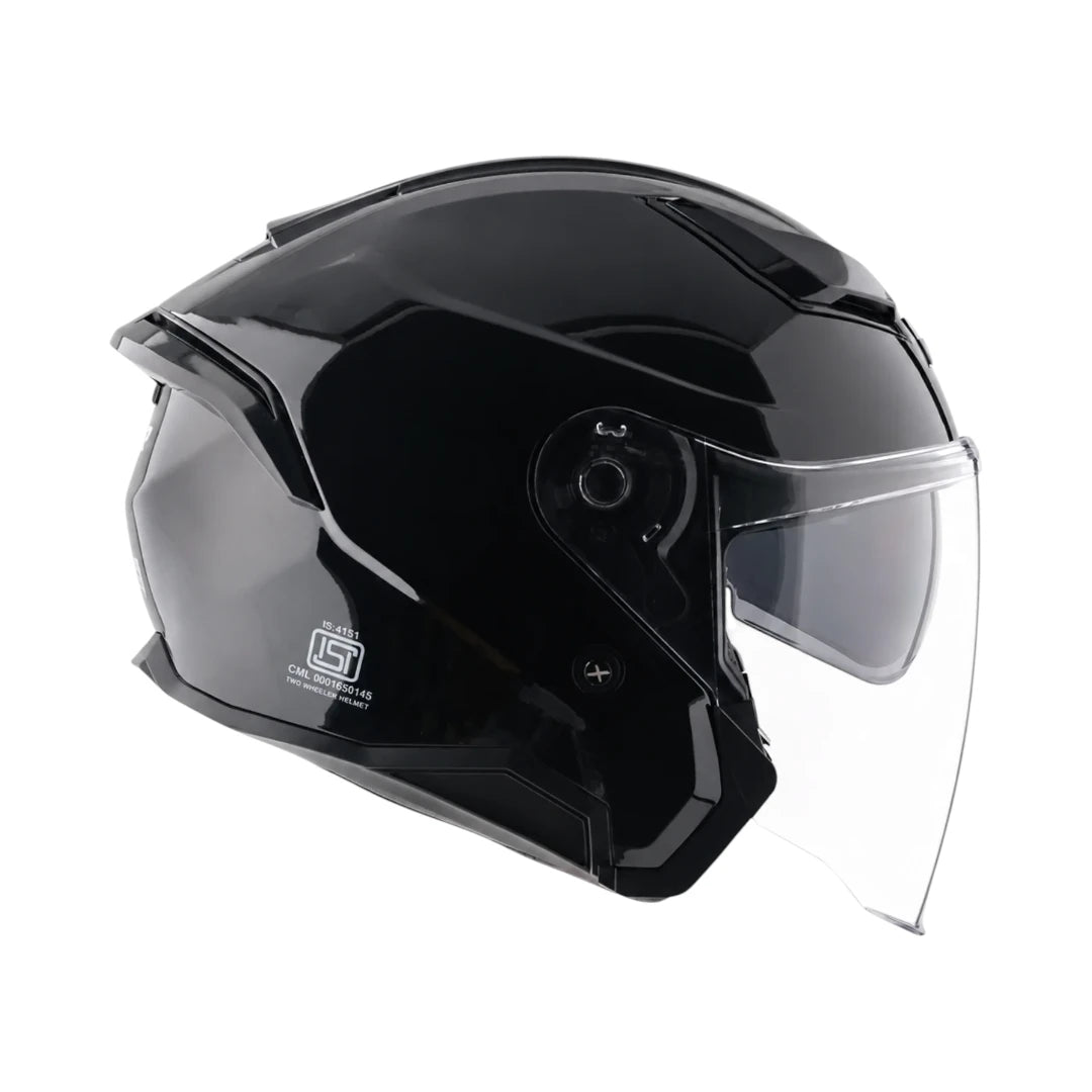 Motodrift AXOR Kylo Solid open-face motorcycle helmet in glossy black with a clear scratch-resistant visor.