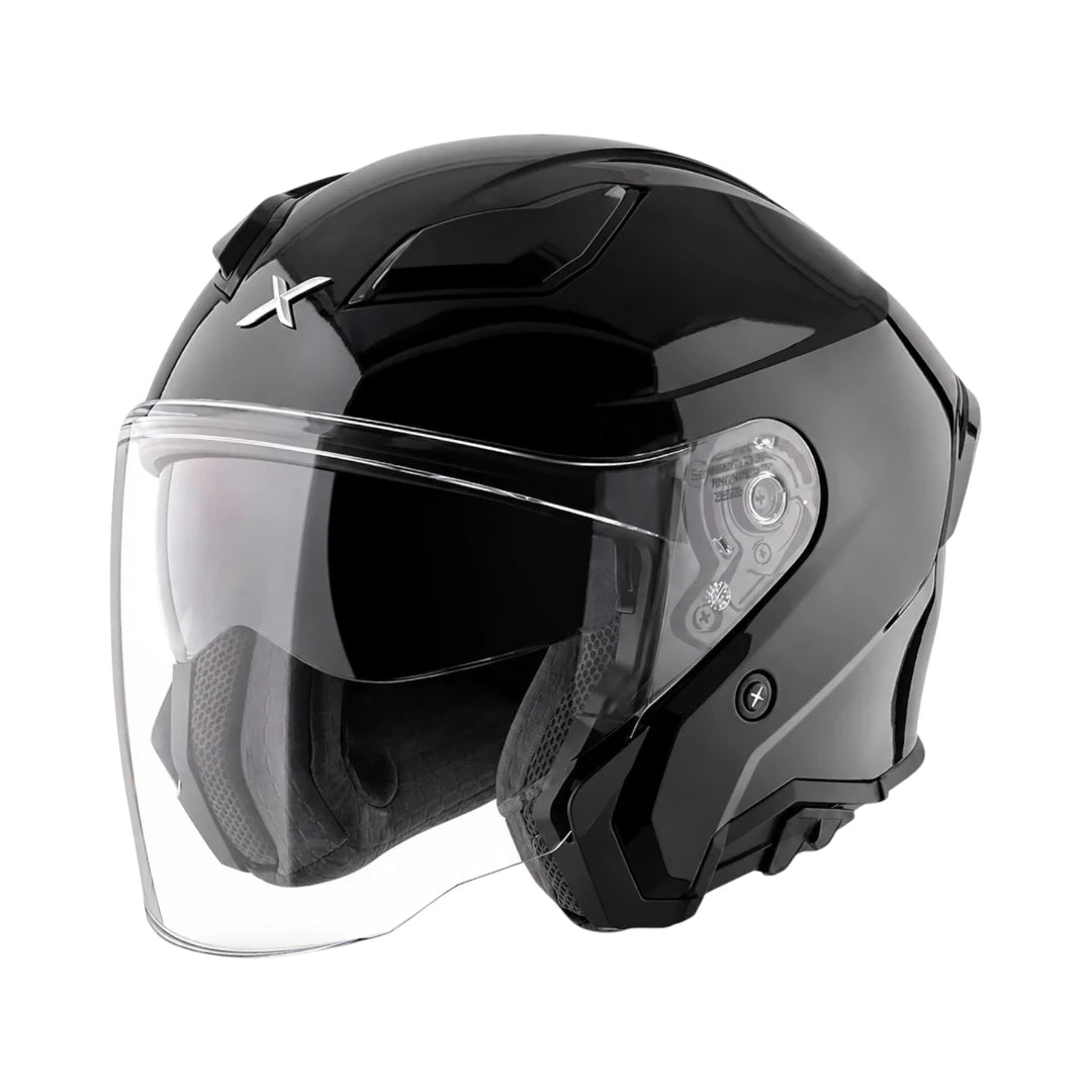 Motodrift AXOR Kylo Solid open-face motorcycle helmet in glossy black with a clear scratch-resistant visor.