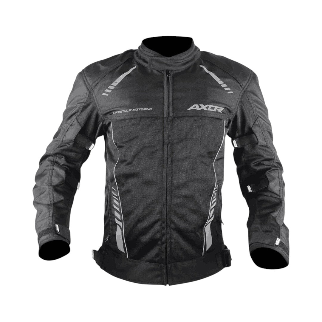 Motodrift Axor Nimbuz black mesh riding jacket with Level 2 armour and reflective details for motorcycle riders