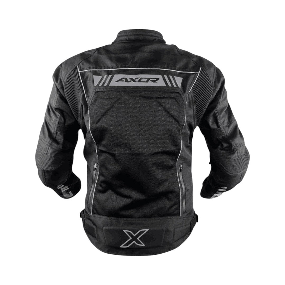 Motodrift Axor Nimbuz black motorcycle riding jacket, back view showing protective padding and reflective detailing.