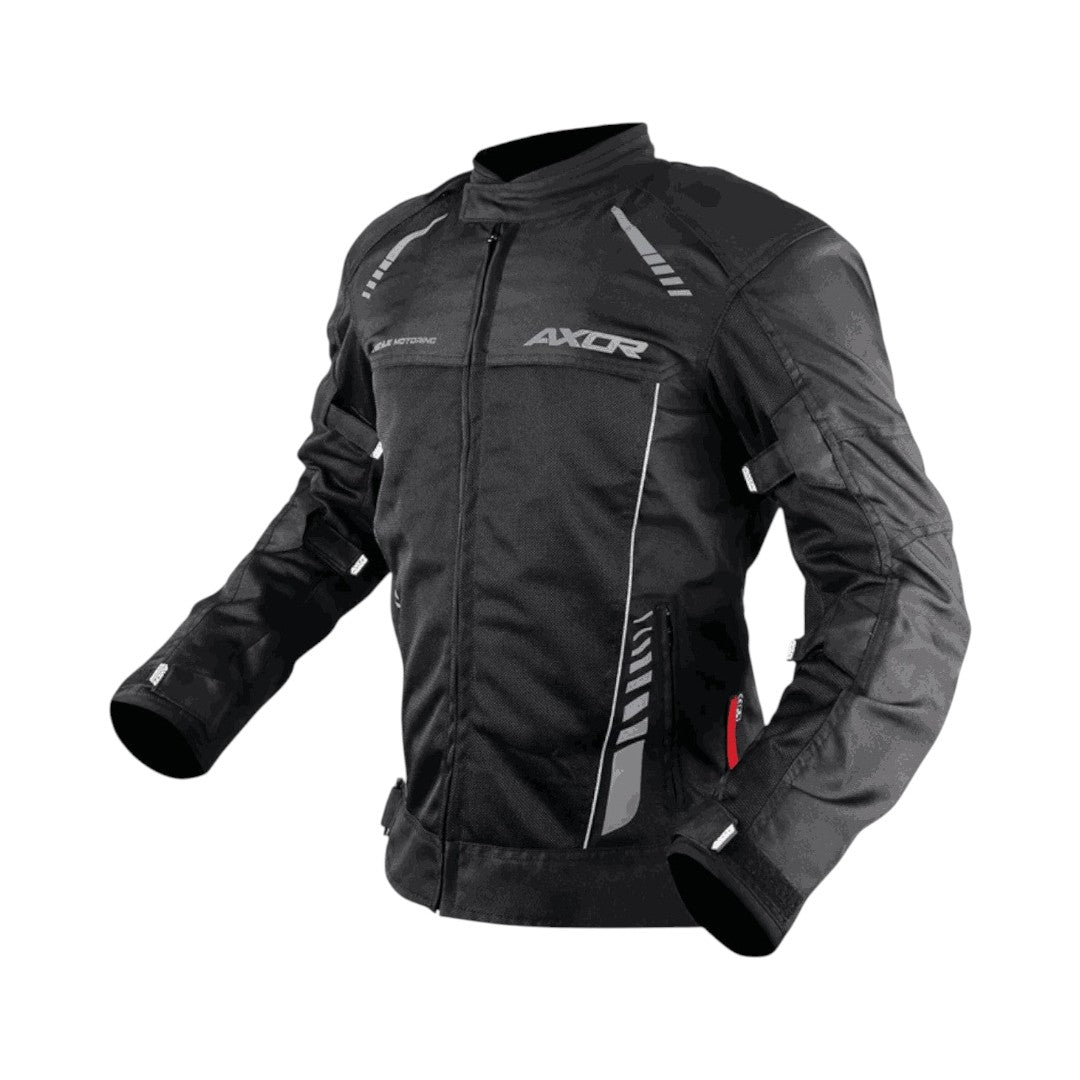 Motodrift Axor Nimbuz black mesh riding jacket with Level 2 armour and reflective detailing for motorcycle safety.