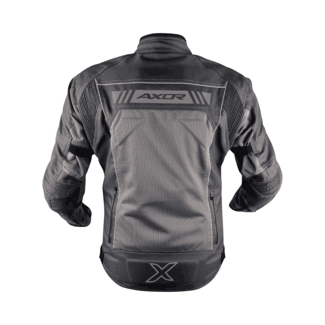 Motodrift Axor Nimbuz riding jacket in grey, featuring mesh panels and protective back armour for motorcycle riders.