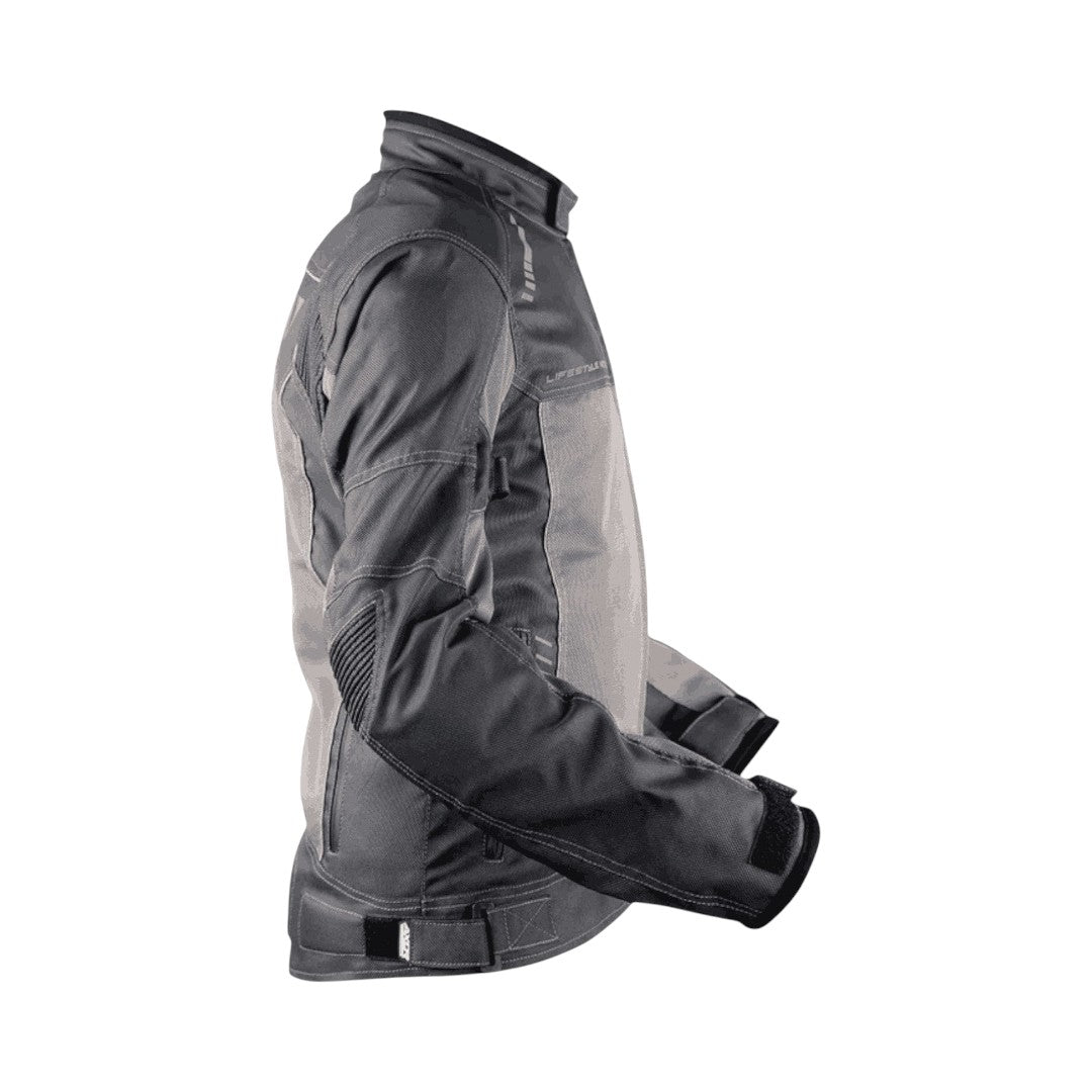 Motodrift Axor Nimbuz grey and black mesh riding jacket with Level 2 armour, side profile view.
