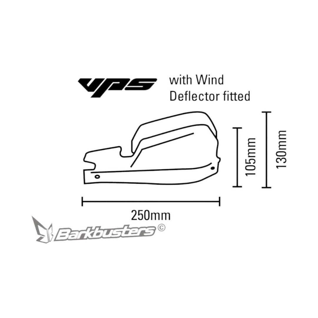 Motodrift technical diagram showing dimensions of Barkbusters VPS plastic handguards with wind deflector attached.