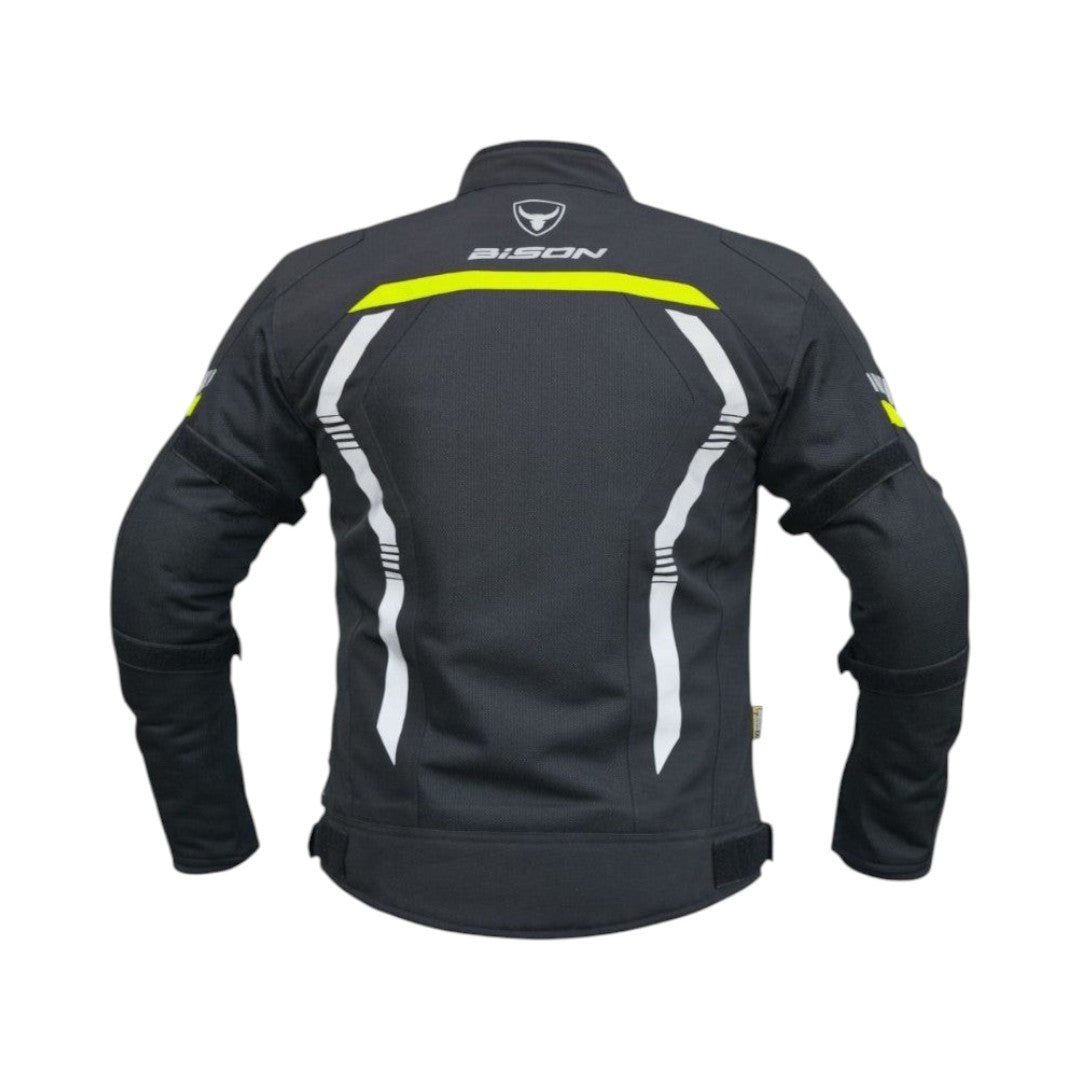 Back view of Motodrift Bison Air Pro motorcycle jacket in black with high-visibility yellow and white reflective trims.