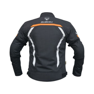 Motodrift Bison Air Pro motorcycle jacket in black with orange and white reflective accents, back view.