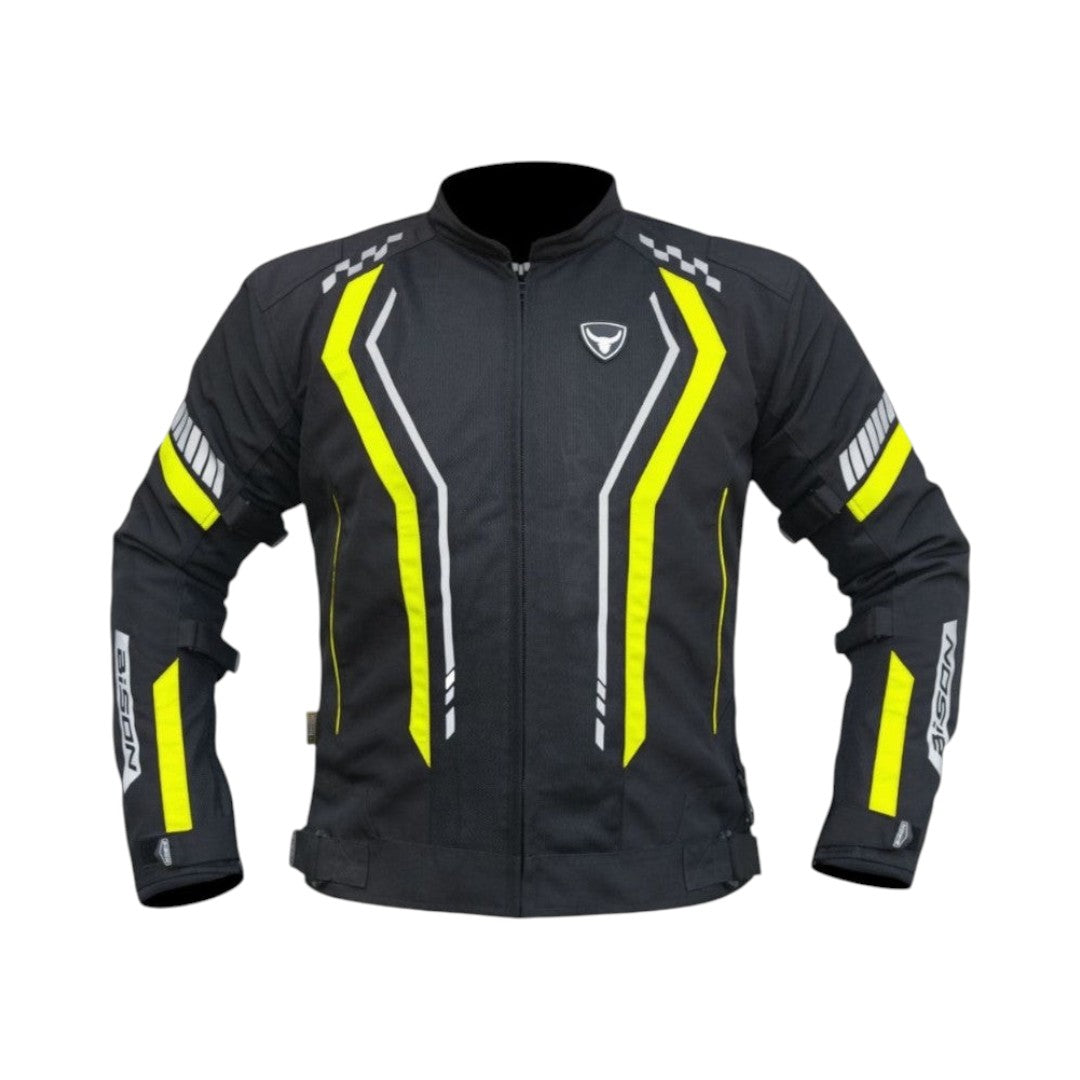 Motodrift Bison Air Pro black motorcycle riding jacket with high-visibility yellow accents and reflective detailing.