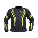Motodrift Bison Air Pro black motorcycle riding jacket with high-visibility yellow accents and reflective detailing.