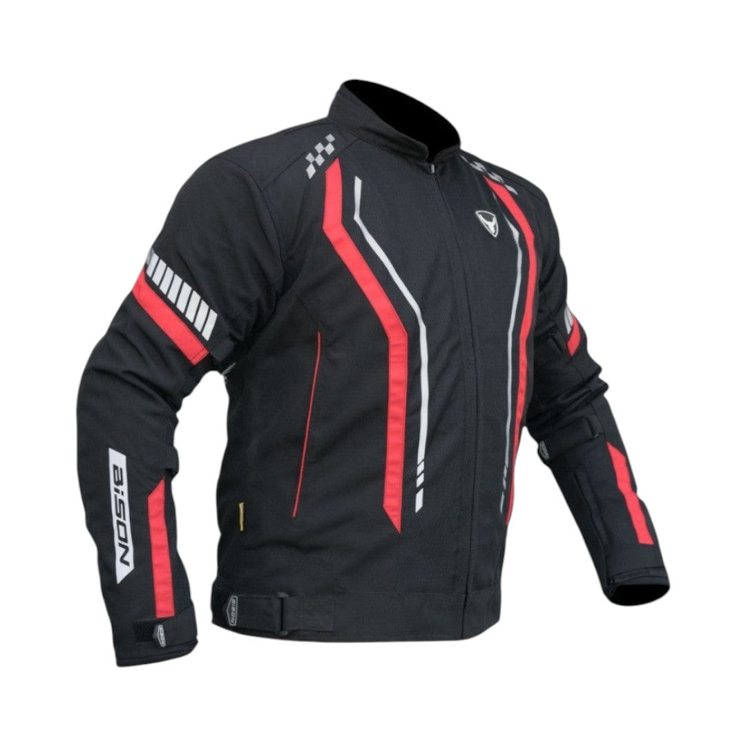Motodrift Bison Air Pro black motorcycle riding jacket with red accents, mesh panels, and protective armor.