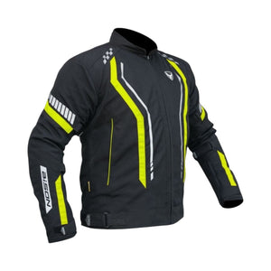 Motodrift Bison Air Pro motorcycle jacket in black with high-visibility yellow accents and reflective detailing.