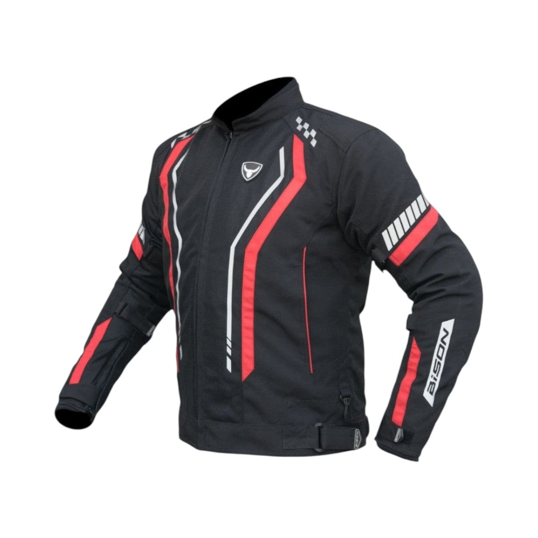 Motodrift Bison Air Pro black motorcycle riding jacket with red accents, mesh panels, and protective armor.