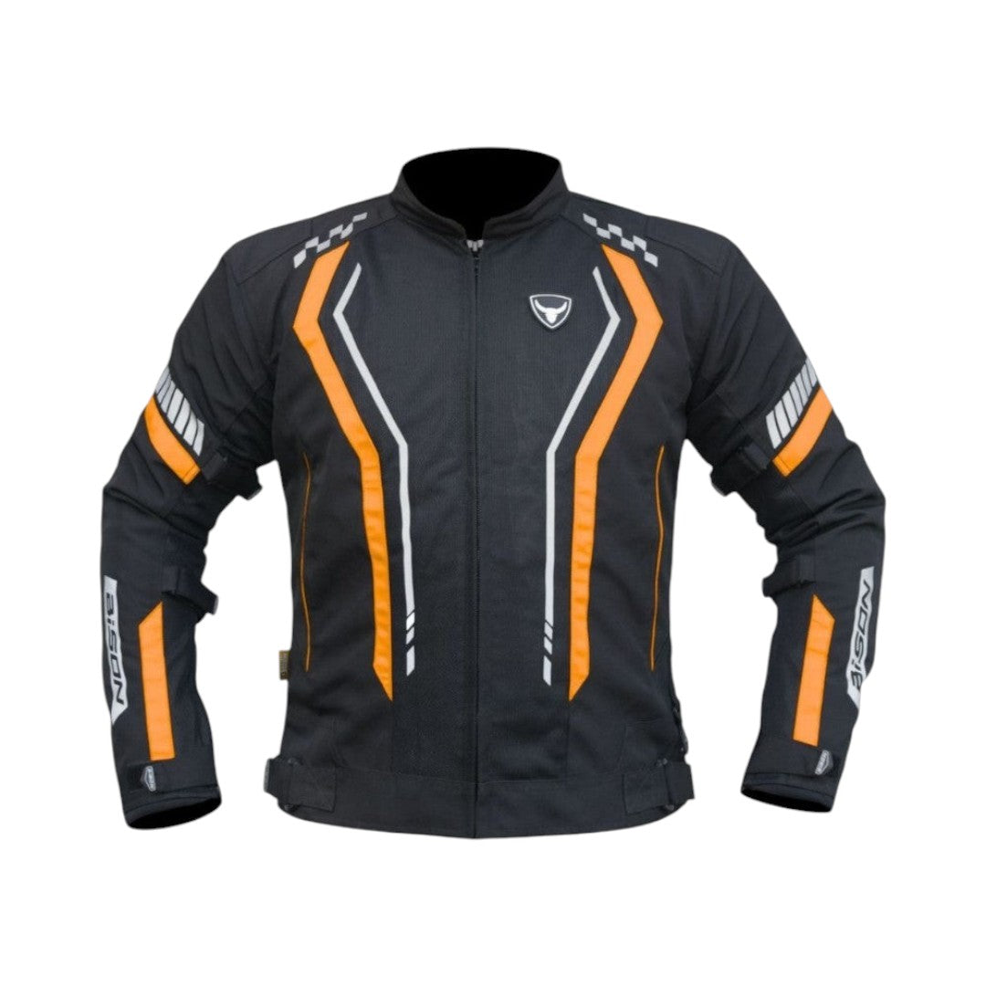 Motodrift Bison Air Pro motorcycle jacket in black with orange accents, mesh panels, and reflective detailing.