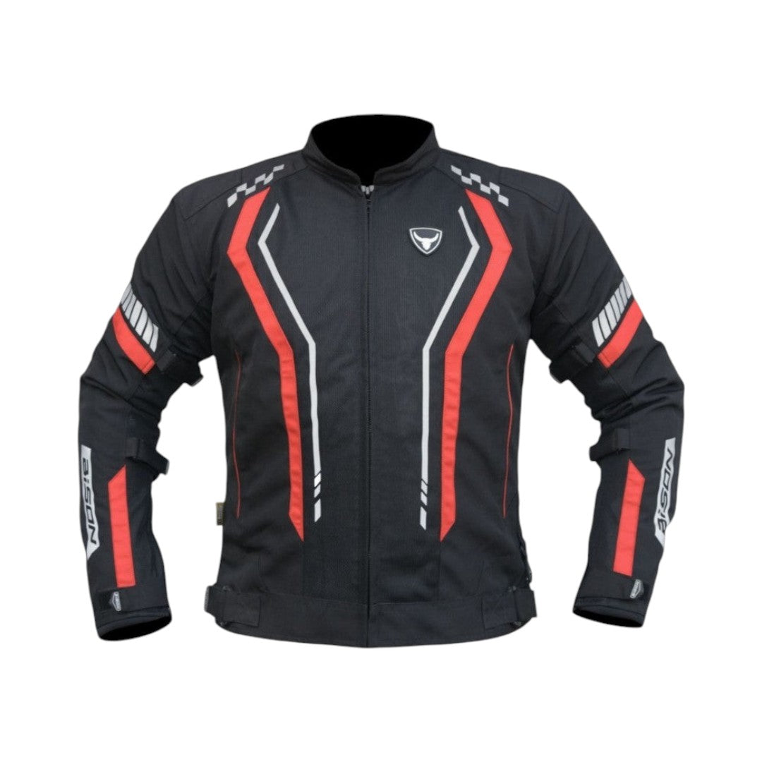 Motodrift Bison Air Pro black motorcycle riding jacket with red accents, mesh panels, and reflective safety detailing.