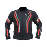 Motodrift Bison Air Pro black motorcycle riding jacket with red accents, mesh panels, and reflective safety detailing.
