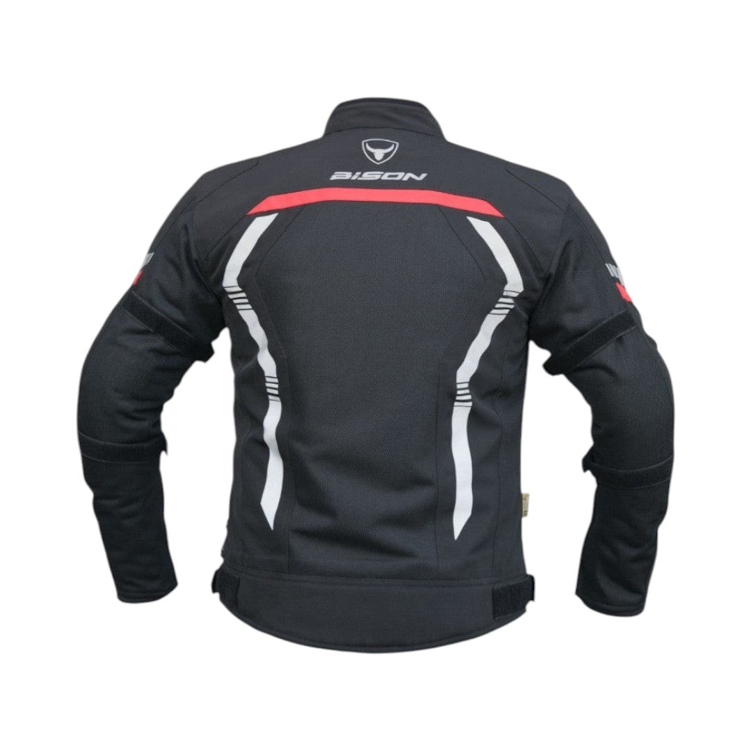 Motodrift Bison Air Pro black motorcycle riding jacket with reflective white and red accents, back view