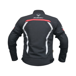 Motodrift Bison Air Pro black motorcycle riding jacket with reflective white and red accents, back view