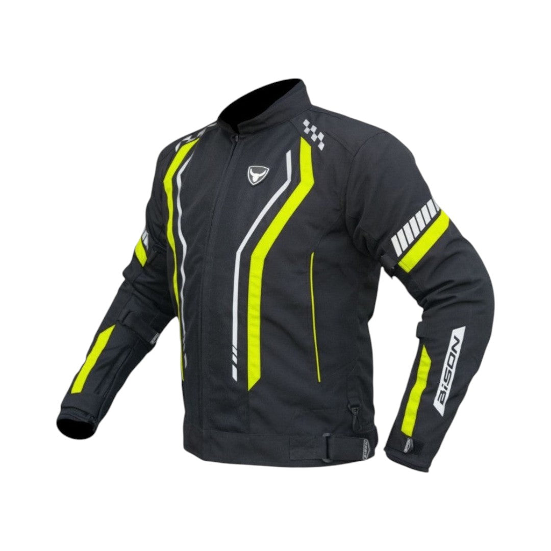 Motodrift Bison Air Pro black motorcycle riding jacket with high-visibility yellow accents and reflective detailing.