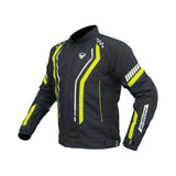 Motodrift Bison Air Pro black motorcycle riding jacket with high-visibility yellow accents and reflective detailing.