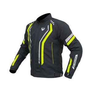 Motodrift Bison Air Pro black motorcycle riding jacket with high-visibility yellow accents and reflective detailing.
