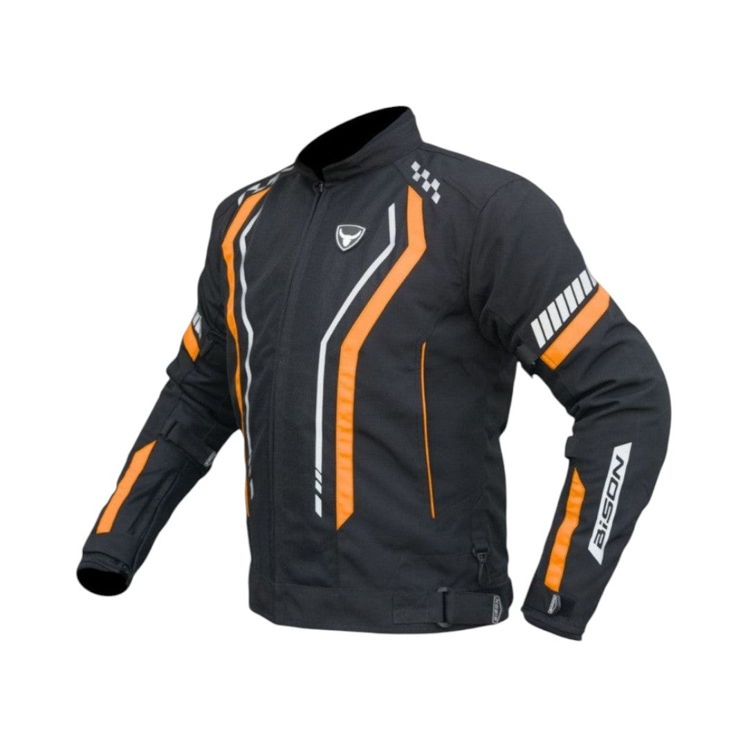 Motodrift Bison Air Pro motorcycle jacket in black with orange and white accents, featuring mesh panels and armor.
