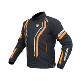 Motodrift Bison Air Pro motorcycle jacket in black with orange and white accents, featuring mesh panels and armor.