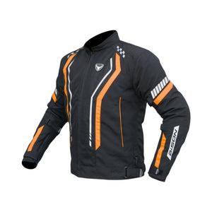 Motodrift Bison Air Pro motorcycle jacket in black with orange and white accents, featuring mesh panels and armor.
