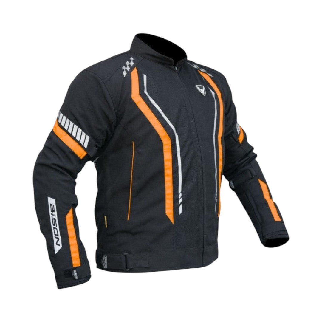 Motodrift Bison Air Pro motorcycle jacket in black with orange accents, mesh panels, and reflective safety detailing.