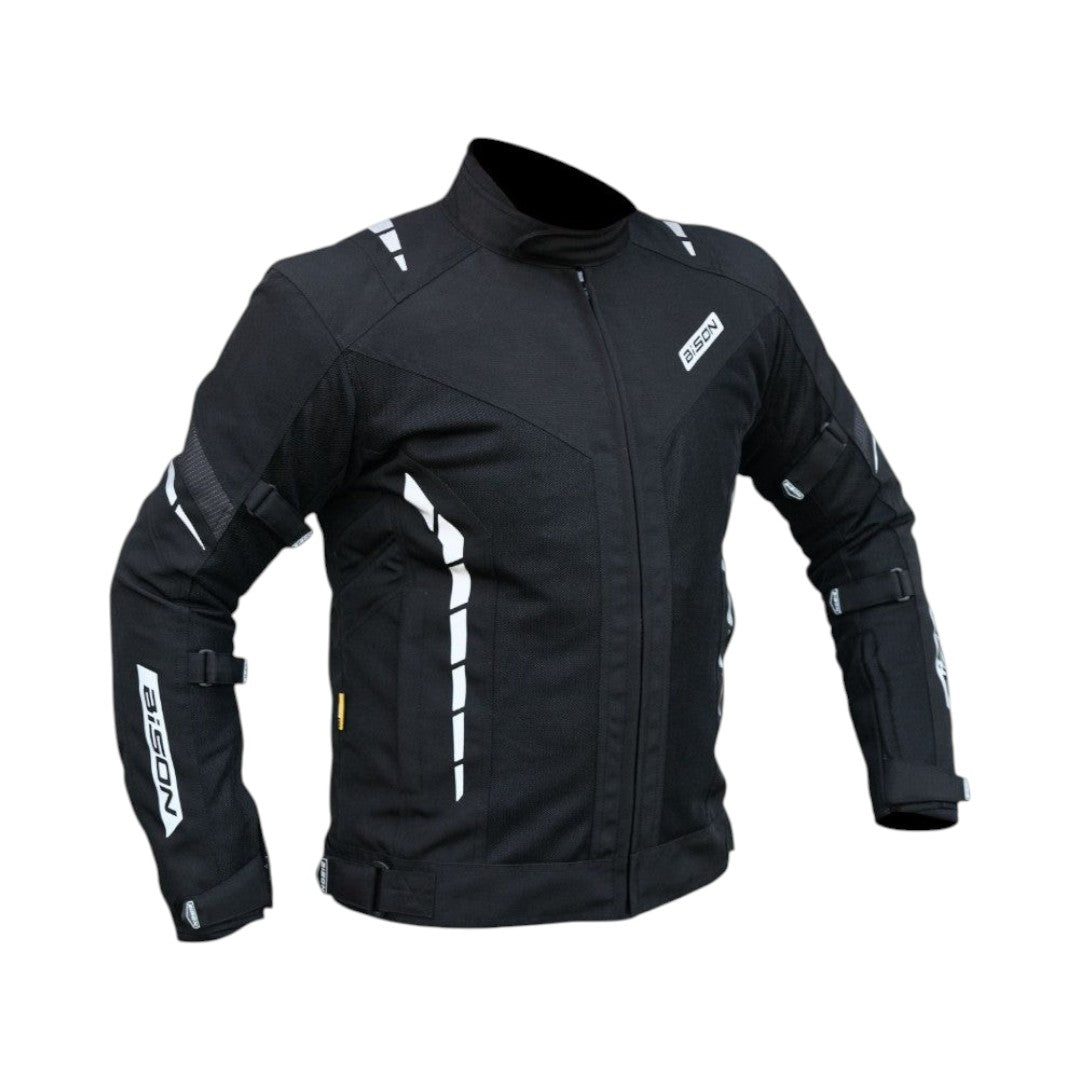 Motodrift Bison black motorcycle riding jacket with protective mesh panels and reflective detailing for safety.