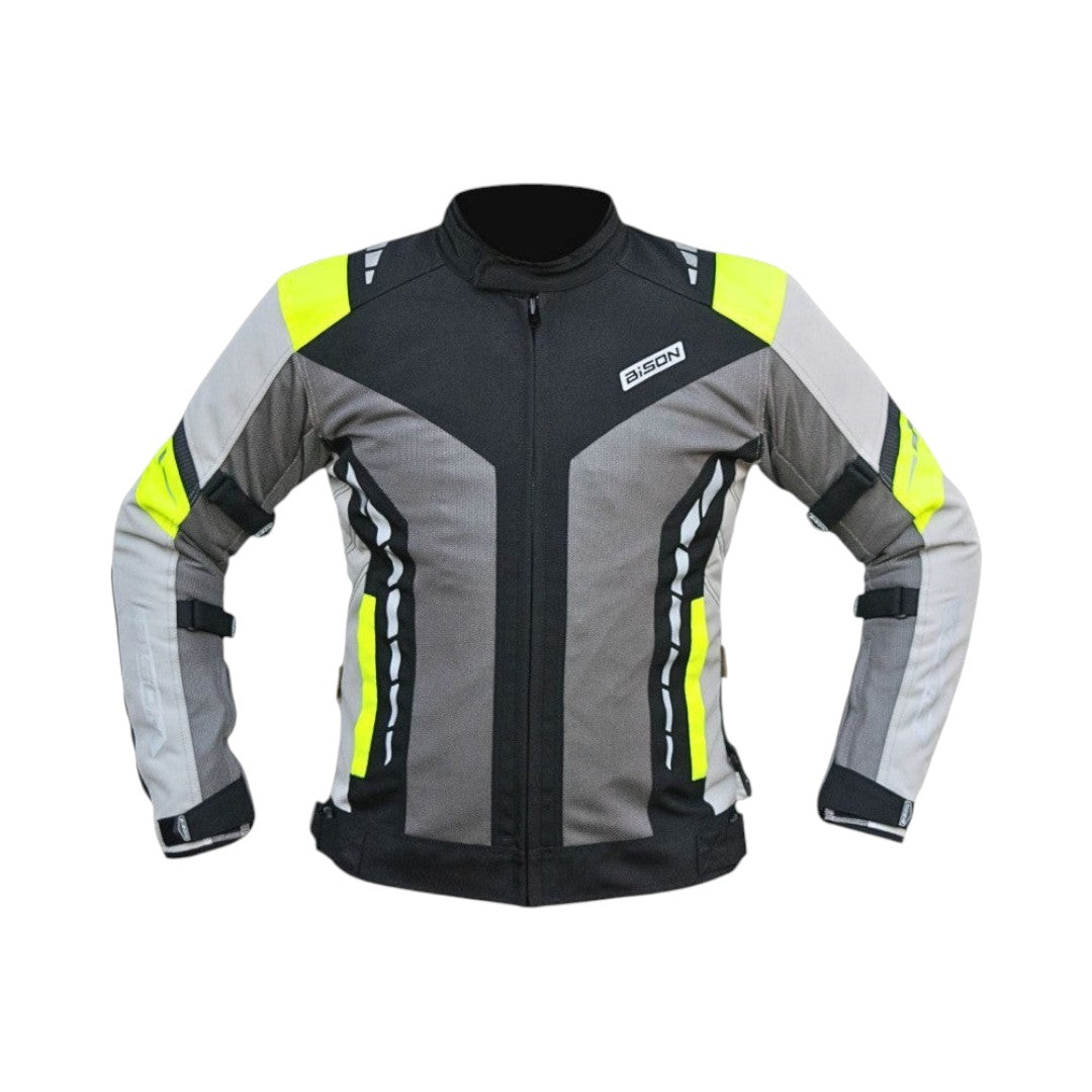 Motodrift Bison black, grey, and neon yellow motorcycle riding jacket with protective mesh panels and reflective trim.