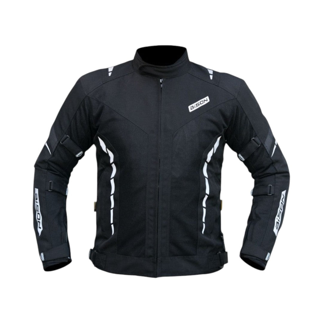 Motodrift Bison Masculine V.2 black motorcycle riding jacket with reflective details and protective mesh panels.