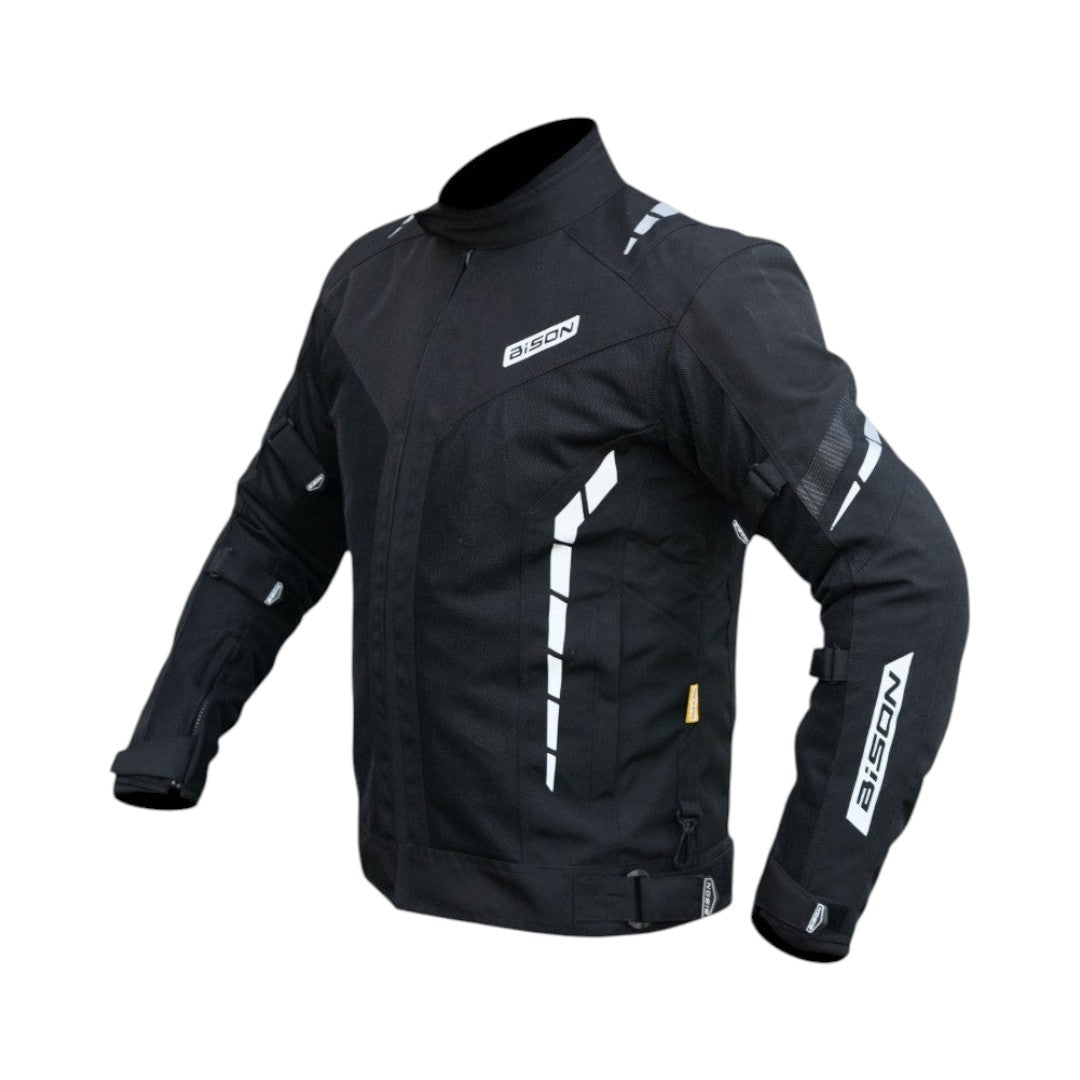Motodrift Bison Masculine V.2 black motorcycle riding jacket with reflective details and protective mesh panels