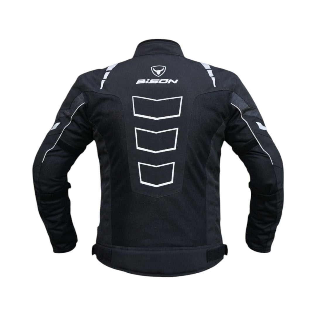 Motodrift Bison Masculine V.2 black motorcycle riding jacket, back view with reflective detailing and branding.