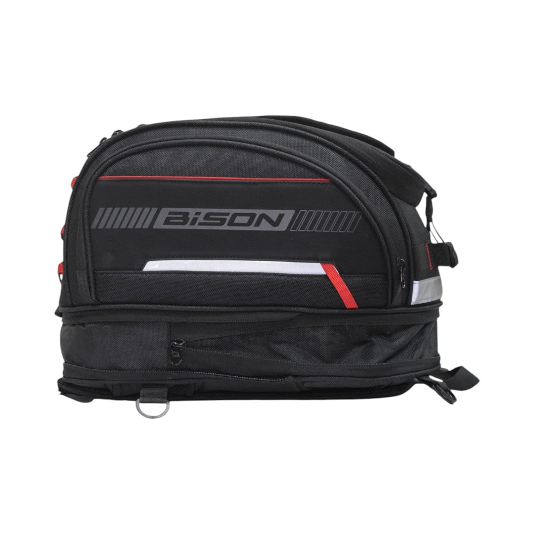 Motodrift Bison Octapod black magnetic motorcycle tank bag with reflective trim and durable 1680D polyester fabric.