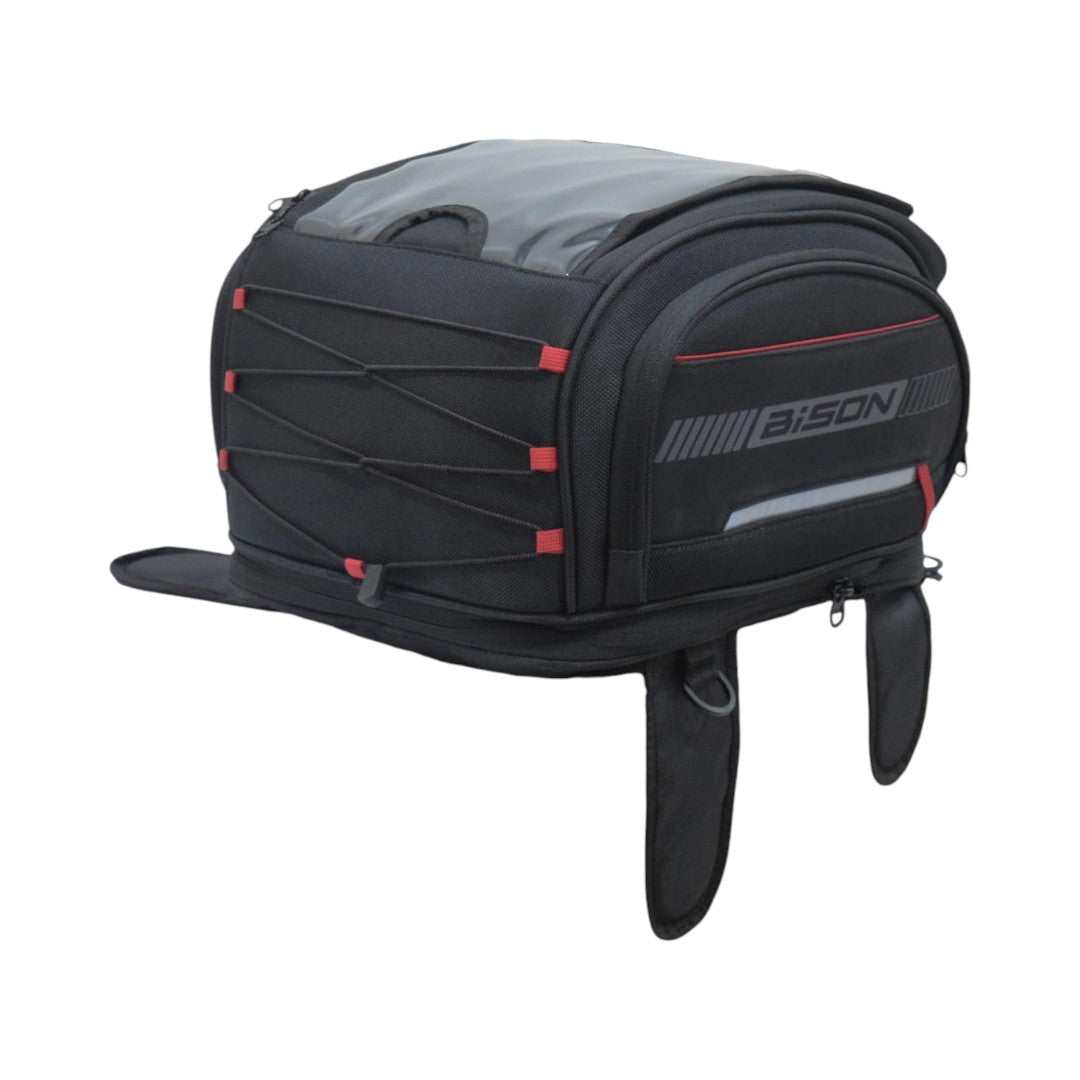 Motodrift Bison Octapod black magnetic motorcycle tank bag with transparent phone pocket and reflective trim