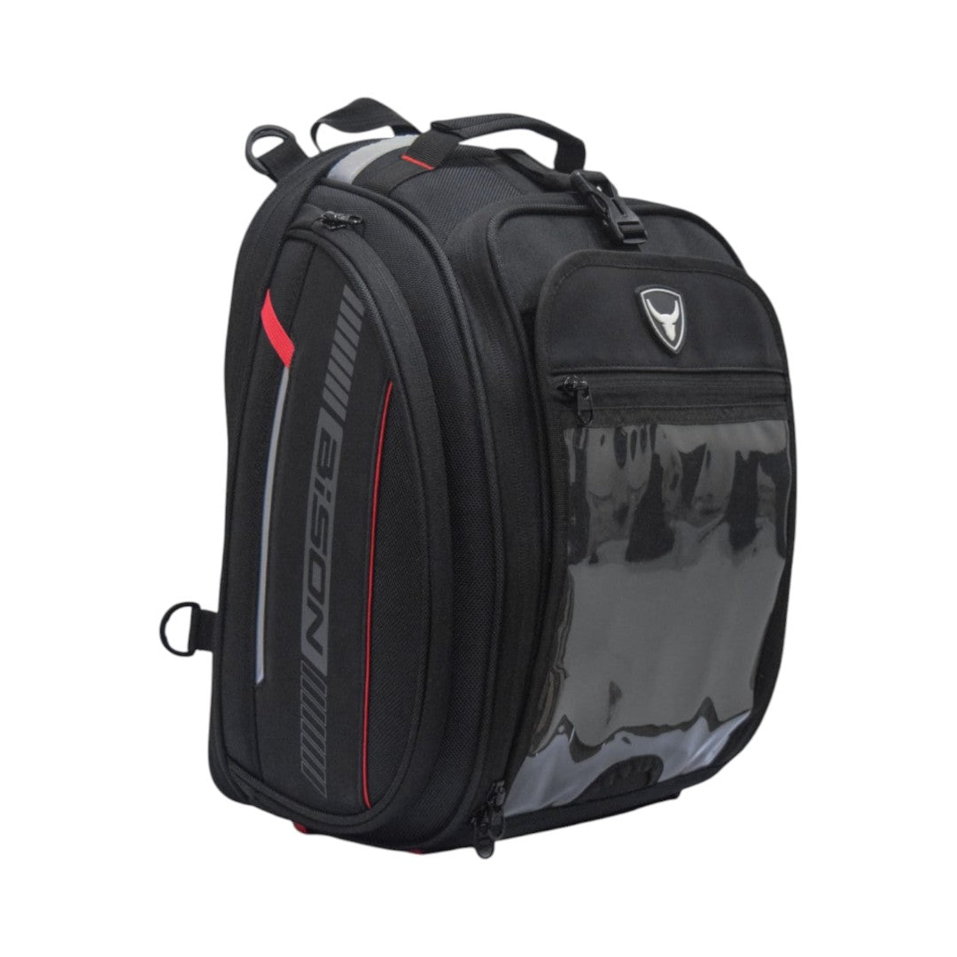 Motodrift Bison Octapod black magnetic motorcycle tank bag with transparent mobile screen and reflective details