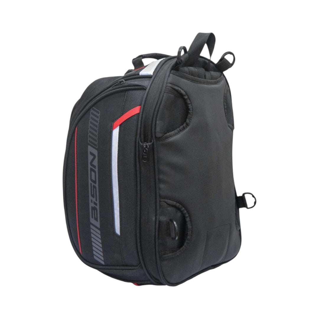 Motodrift Bison Octapod black magnetic motorcycle tank bag with reflective trim and durable polyester construction