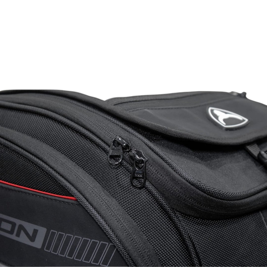Motodrift Bison Octapod black magnetic motorcycle tank bag featuring durable 1680D polyester and YKK zippers.