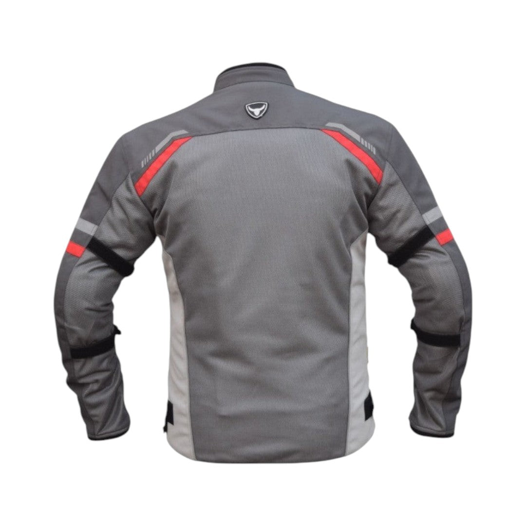 Motodrift Bison Raptor V.2 grey and red motorcycle riding jacket, back view with mesh panels and reflective details.
