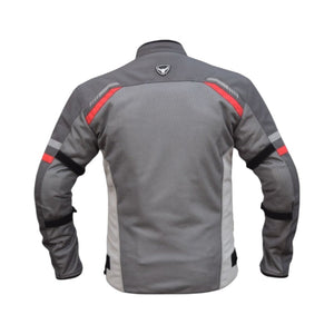 Motodrift Bison Raptor V.2 grey and red motorcycle riding jacket, back view with mesh panels and reflective details.