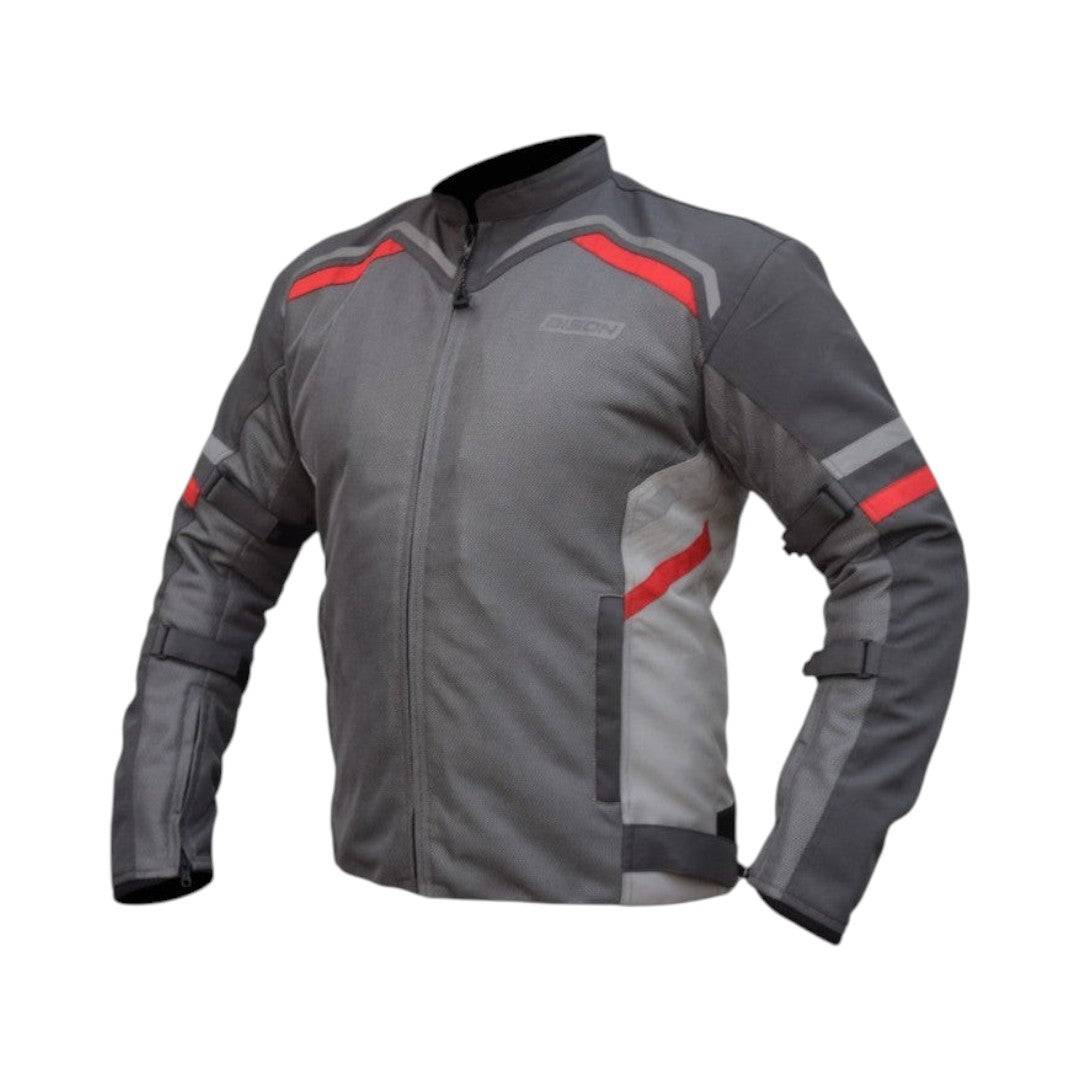 Motodrift Bison Raptor V.2 grey and red motorcycle riding jacket with protective mesh and adjustable straps