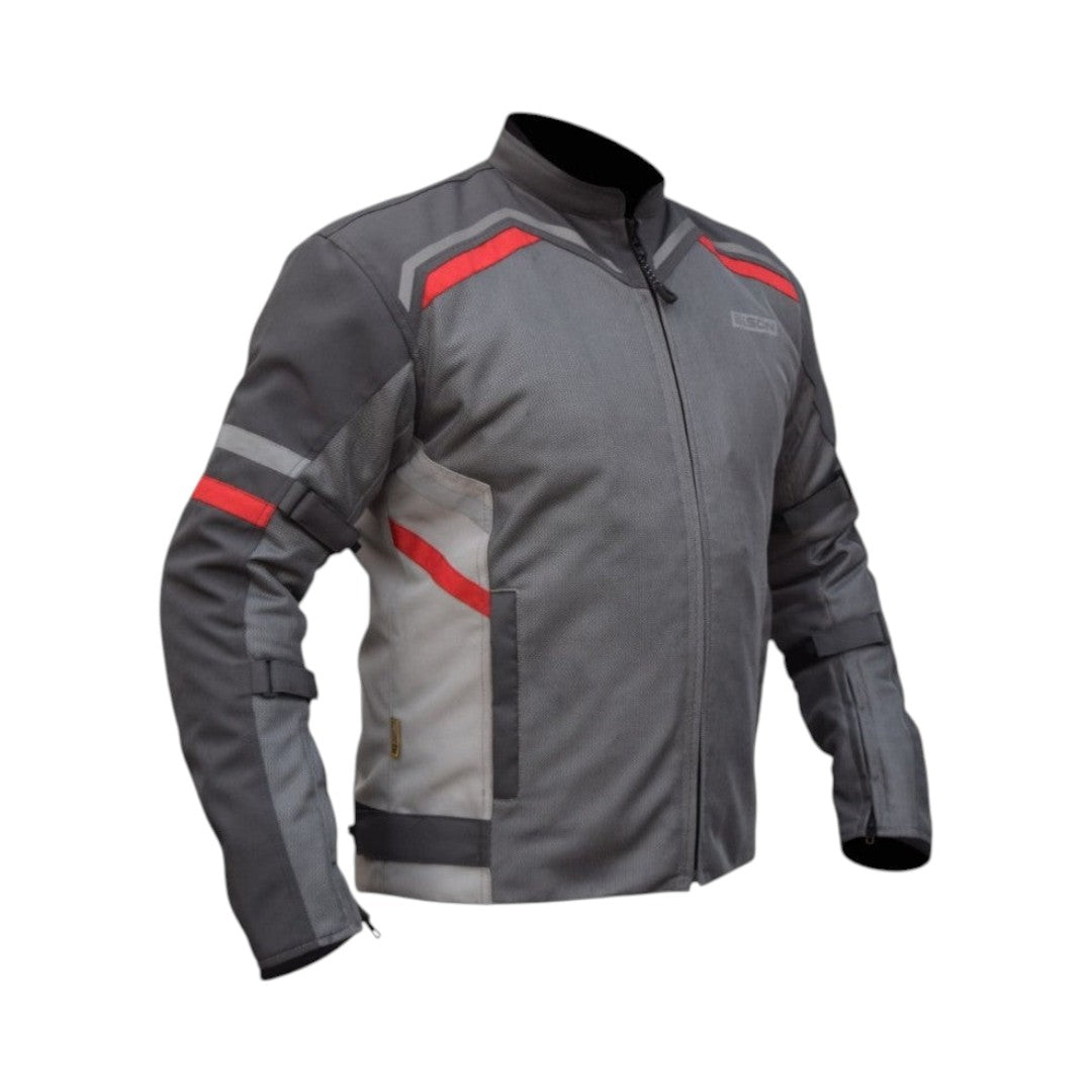 Motodrift Bison Raptor V.2 grey and red motorcycle riding jacket with mesh panels and protective features.