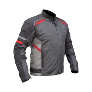 Motodrift Bison Raptor V.2 grey and red motorcycle riding jacket with mesh panels and protective features.