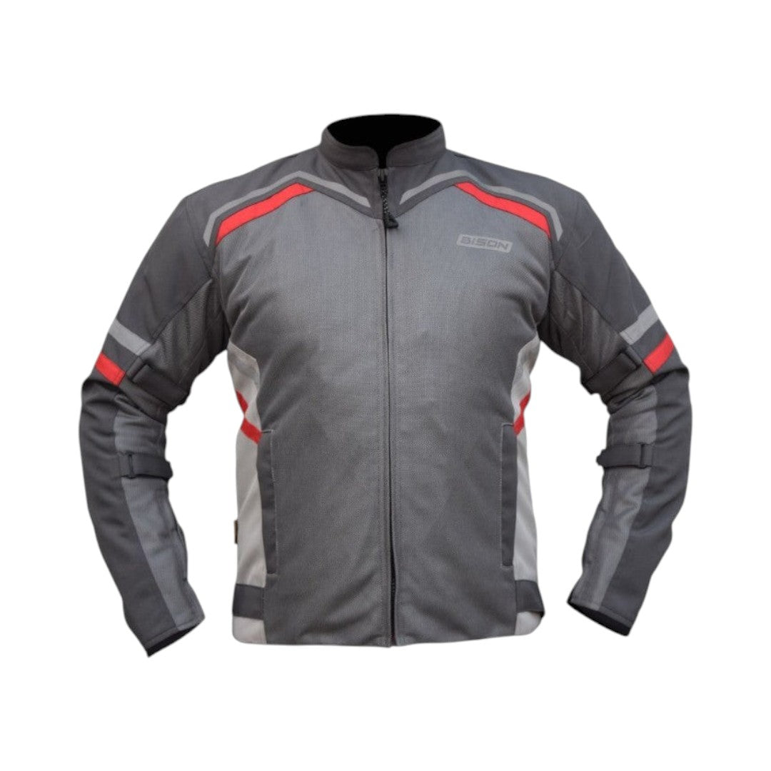 Motodrift Bison Raptor V.2 grey and red motorcycle riding jacket with mesh panels and protective armor features.