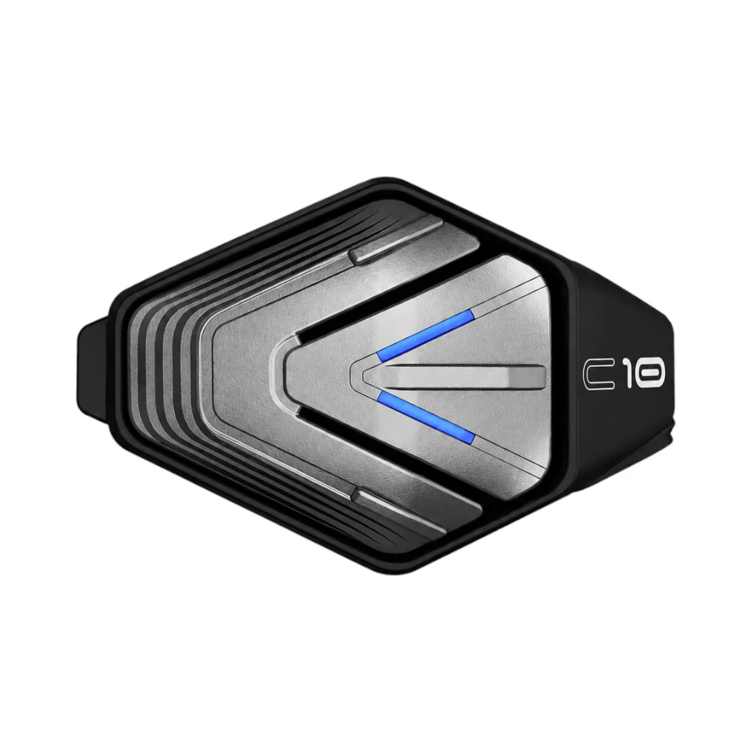 Motodrift BluArmor C10 Bluetooth motorcycle intercom with a sleek black and silver design and blue LED accents.