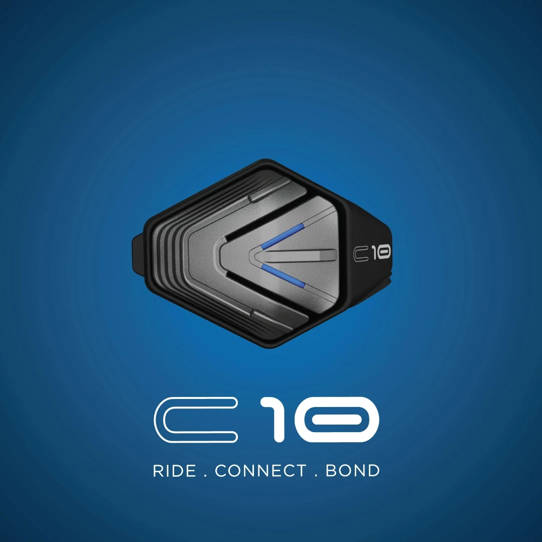 Motodrift BluArmor C10 Bluetooth motorcycle intercom device with a sleek black and grey geometric design.