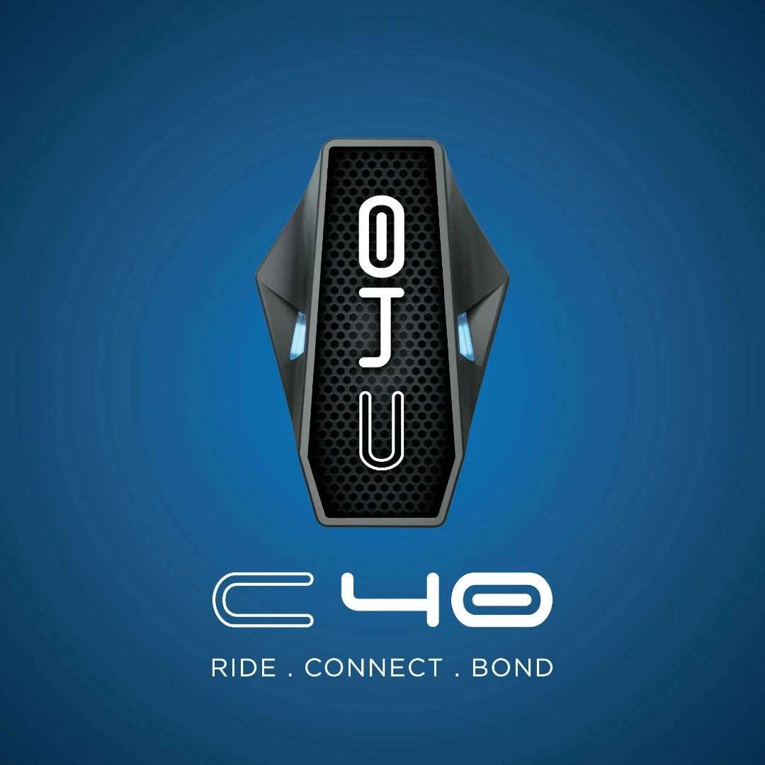 Motodrift BluArmor C40 Bluetooth mesh motorcycle intercom device with a sleek black design on a blue background
