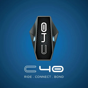 Motodrift BluArmor C40 Bluetooth mesh motorcycle intercom device with a sleek black design on a blue background