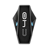 Motodrift BluArmor C40 Bluetooth mesh motorcycle intercom with black hexagonal grille and blue LED accents